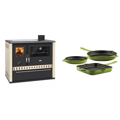 Set Küchenofen / Küchenhexe Prity GT Elfenbein, mit Glaskeramik-Kochfeld und Schublade, Leistung 15 kW + Gusseisen Topf Set aus 3 teilen Solagio, Bamboo - Kaminofen - Holzofen mit Backfach