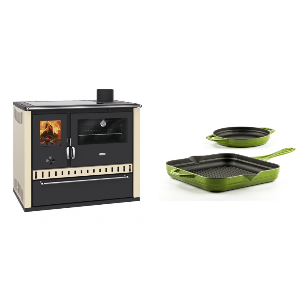 Set Küchenofen / Küchenhexe Prity GT Elfenbein, mit Glaskeramik-Kochfeld und Schublade, Leistung 15 kW + Gusseisen Topf Set aus 2 teilen Solagio, Bamboo | Kaminofen - Holzofen mit Backfach | Kaminofen |