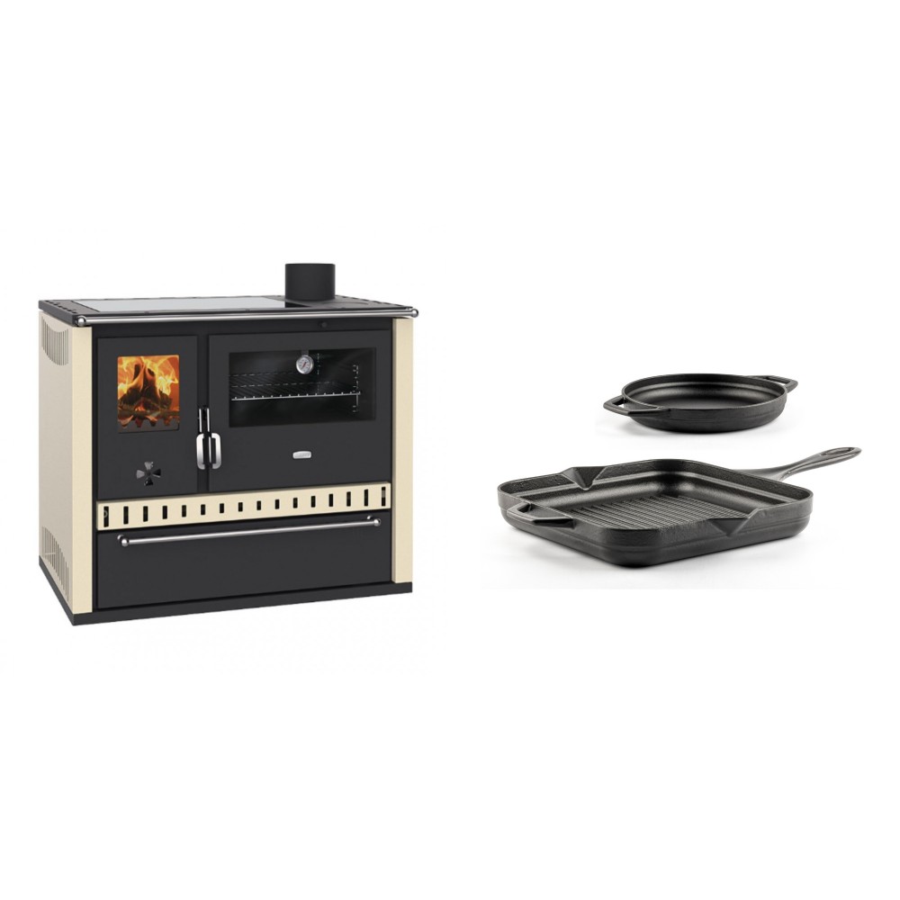 Set Küchenofen / Küchenhexe Prity GT Elfenbein, mit Glaskeramik-Kochfeld und Schublade, Leistung 15 kW + Gusseisen Topf Set aus 2 teilen Solagio, Black Onyx | Kaminofen - Holzofen mit Backfach | Kaminofen |