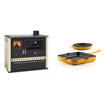 Set Küchenofen / Küchenhexe Prity GT Elfenbein, mit Glaskeramik-Kochfeld und Schublade, Leistung 15 kW + Gusseisen Topf Set aus 2 teilen Solagio, Dijon - Kaminofen - Holzofen mit Backfach