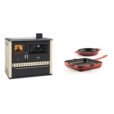 Set Küchenofen / Küchenhexe Prity GT Elfenbein, mit Glaskeramik-Kochfeld und Schublade, Leistung 15 kW + Gusseisen Topf Set aus 2 teilen Solagio, Rubin - Kaminofen - Holzofen mit Backfach