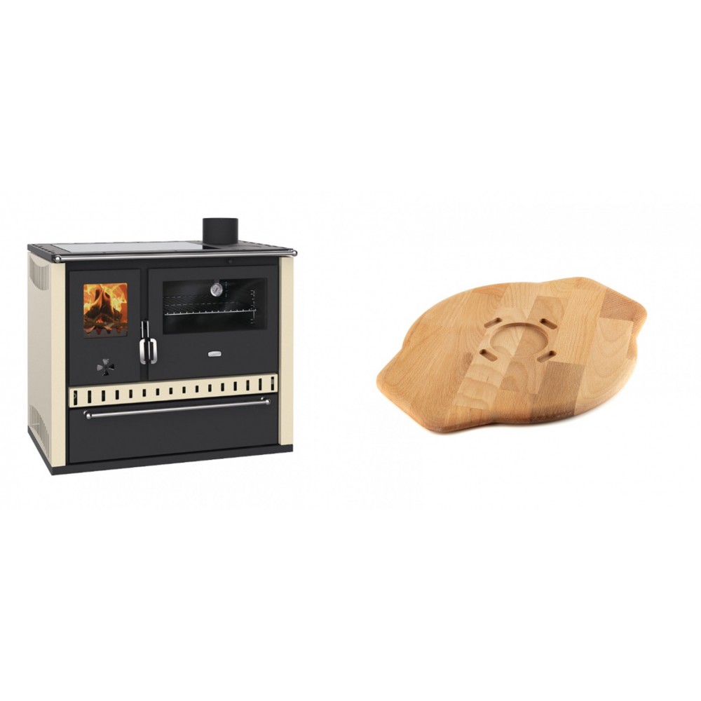 Set Küchenofen / Küchenhexe Prity GT Elfenbein, mit Glaskeramik-Kochfeld und Schublade, Leistung 15 kW + Holz untersetzer für Gusseisenplatte Solagio HSYSAK28 | Kaminofen - Holzofen mit Backfach | Kaminofen |