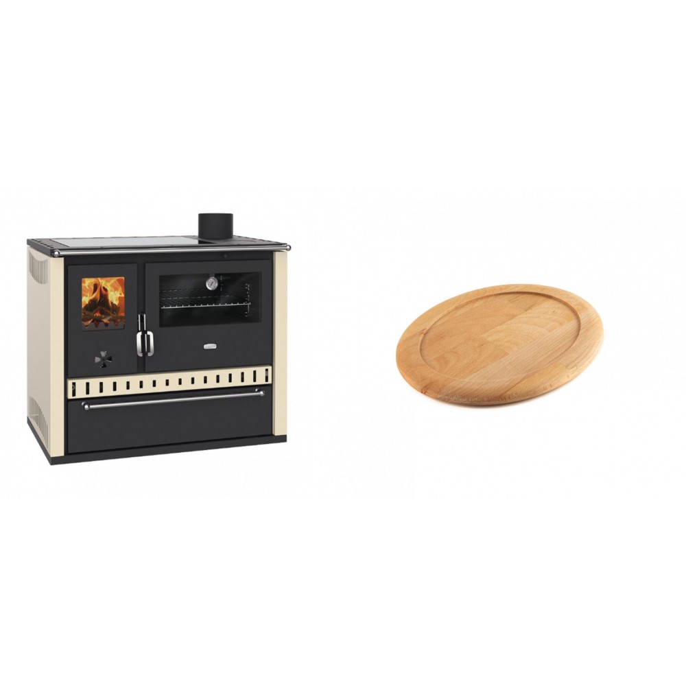 Set Küchenofen / Küchenhexe Prity GT Elfenbein, mit Glaskeramik-Kochfeld und Schublade, Leistung 15 kW + Holz untersetzer für ovale gusseisenpfanne Solagio HSFT1825 | Kaminofen - Holzofen mit Backfach | Kaminofen |