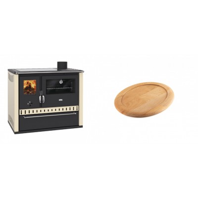 Set Küchenofen / Küchenhexe Prity GT Elfenbein, mit Glaskeramik-Kochfeld und Schublade, Leistung 15 kW + Holz untersetzer für ovale gusseisenpfanne Solagio HSFT1825 - Kaminofen - Holzofen mit Backfach