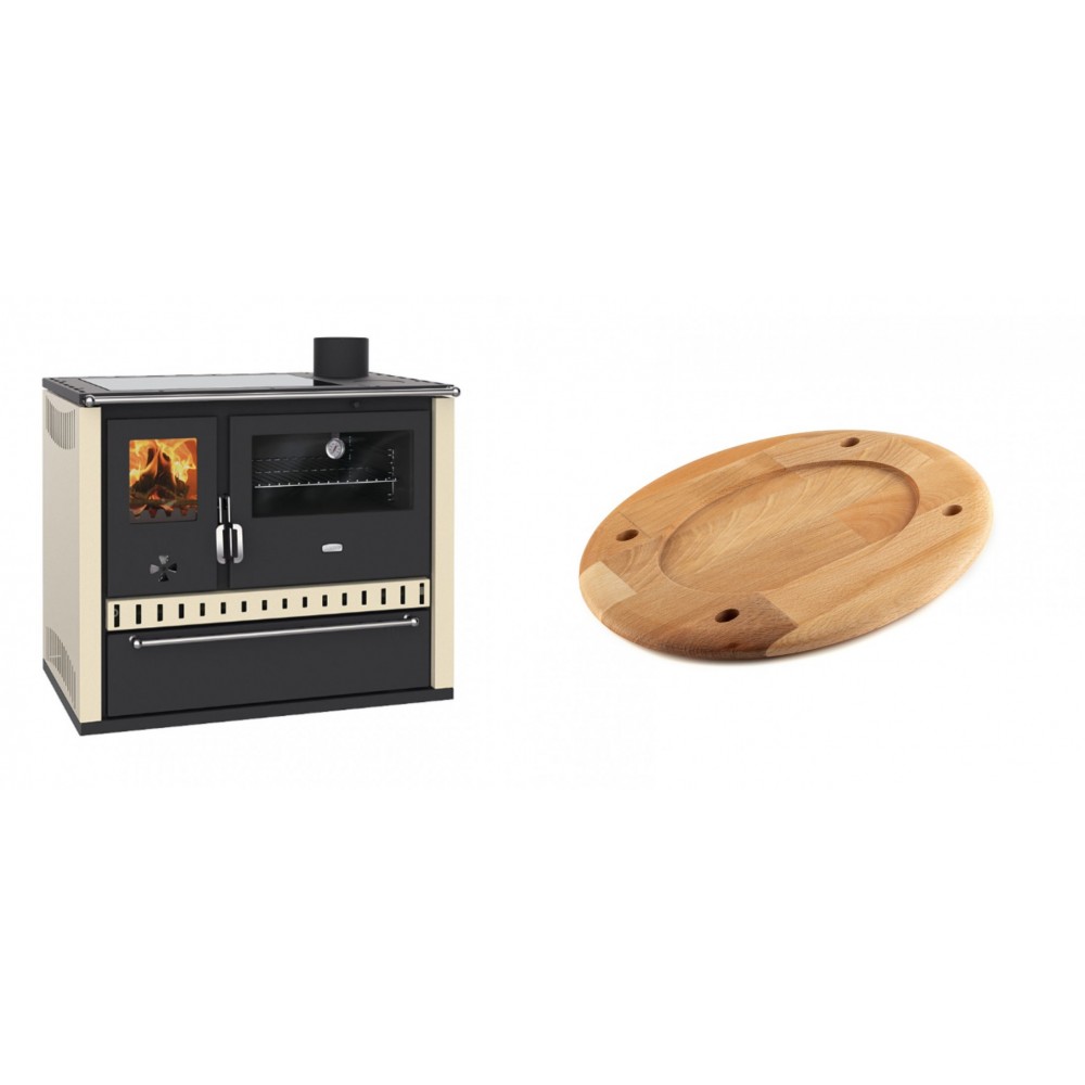 Set Küchenofen / Küchenhexe Prity GT Elfenbein, mit Glaskeramik-Kochfeld und Schublade, Leistung 15 kW + Holz untersetzer für ovale platte Solagio HSOISK2533, 25x33cm