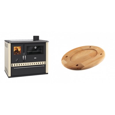 Set Küchenofen / Küchenhexe Prity GT Elfenbein, mit Glaskeramik-Kochfeld und Schublade, Leistung 15 kW + Holz untersetzer für ovale platte Solagio HSOISK2533, 25x33cm - Kaminofen - Holzofen mit Backfach