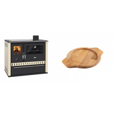 Set Küchenofen / Küchenhexe Prity GT Elfenbein, mit Glaskeramik-Kochfeld und Schublade, Leistung 15 kW + Holz untersetzer für gusseisenschüssel Solagio HSYKTV22 - Kaminofen - Holzofen mit Backfach