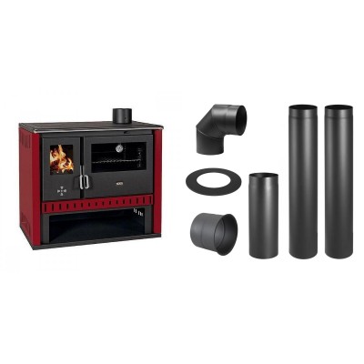 Set Küchenofen / Küchenhexe Prity GT Rot, Leistung 15 kW + Schornstein Bausatz PARKANEX, Stahl Ø150, Dicke 2mm - Kaminofen - Holzofen mit Backfach
