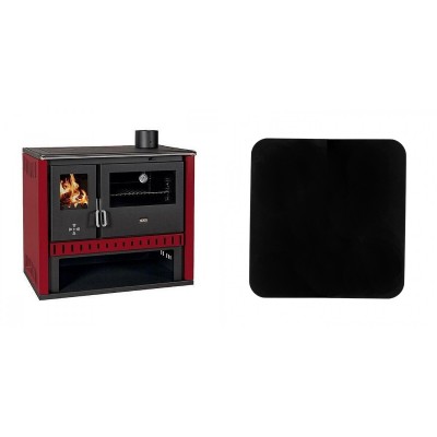 Set Küchenofen / Küchenhexe Prity GT Rot, Leistung 15 kW + Funkenschutzplatte Stahl 2mm, Größe 98x98cm - Kaminofen - Holzofen mit Backfach