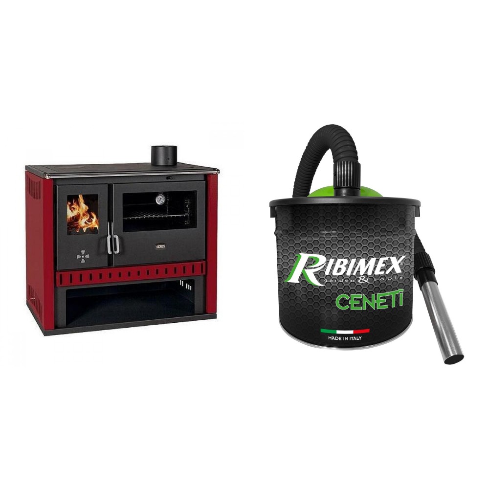 Set Küchenofen / Küchenhexe Prity GT Rot, Leistung 15 kW + Elektrischer Aschesauger Ribimex, Modell Cenetì, Fassungsvermögen 15 L