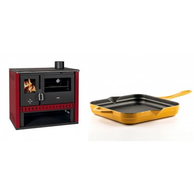 Set Küchenofen / Küchenhexe Prity GT Rot, Leistung 15 kW + Emaillierte grillpfanne Gusseisen Solagio, Dijon, 28х28cm - Kaminofen - Holzofen mit Backfach