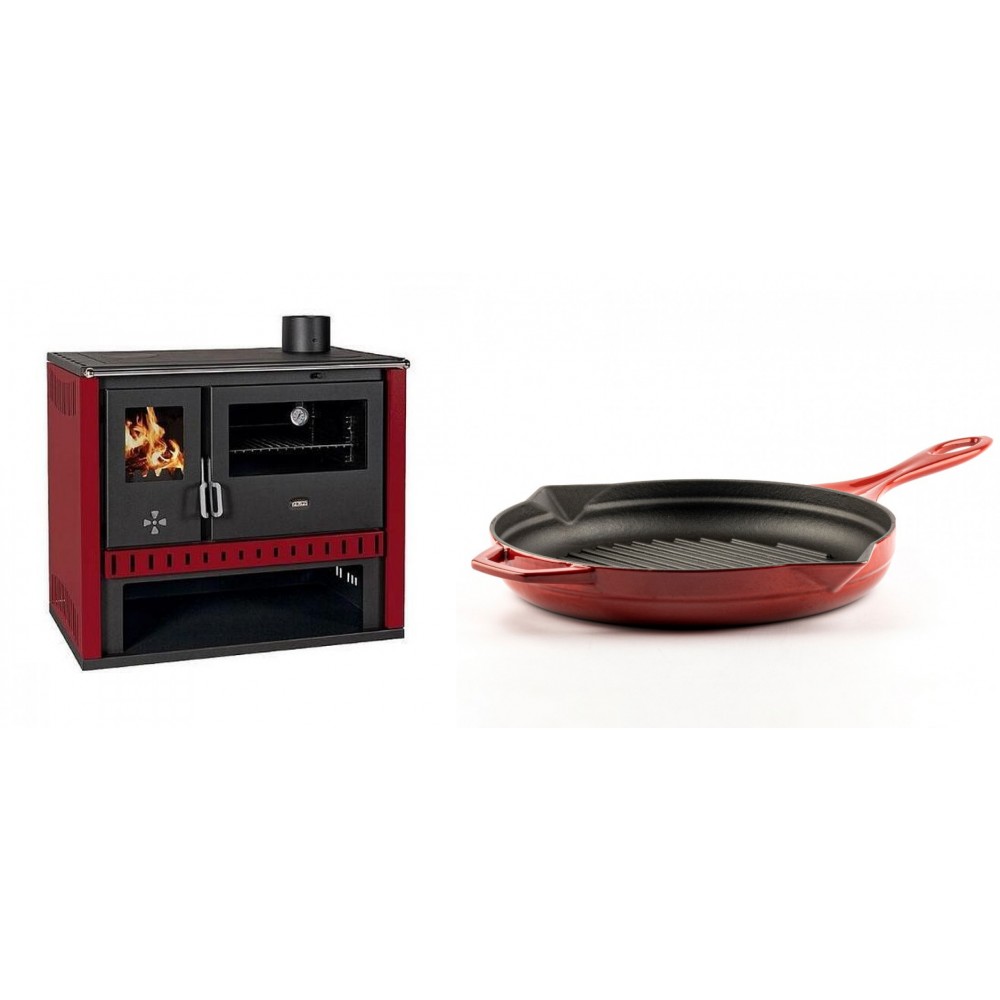 Set Küchenofen / Küchenhexe Prity GT Rot, Leistung 15 kW + Emaillierte grillpfanne Gusseisen Solagio, Rubin, Ф28cm | Kaminofen - Holzofen mit Backfach | Kaminofen |