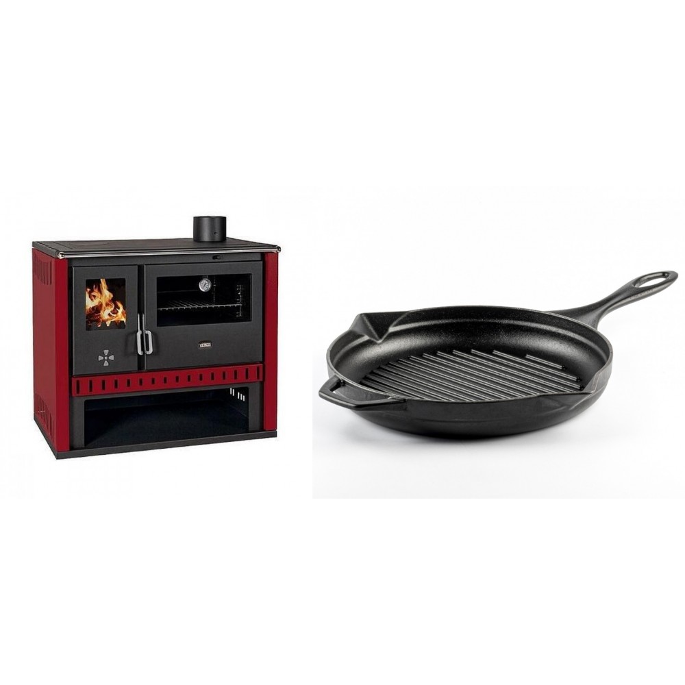 Set Küchenofen / Küchenhexe Prity GT Rot, Leistung 15 kW + Emaillierte grillpfanne Gusseisen Solagio, Black Onyx, Ф28cm | Kaminofen - Holzofen mit Backfach | Kaminofen |