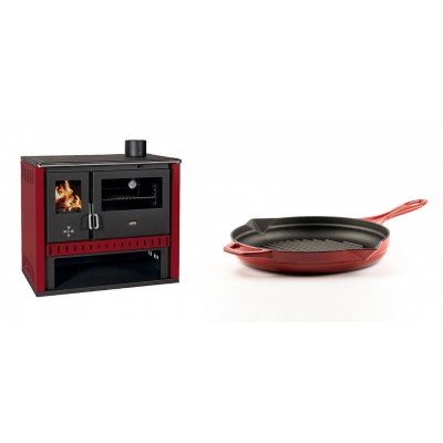 Set Küchenofen / Küchenhexe Prity GT Rot, Leistung 15 kW + Emaillierte grillpfanne Gusseisen Solagio, Rubin, Ф24cm - Kaminofen - Holzofen mit Backfach