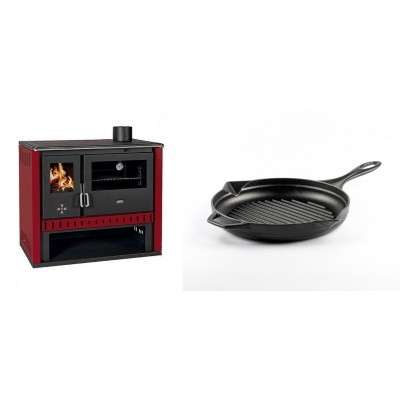 Set Küchenofen / Küchenhexe Prity GT Rot, Leistung 15 kW + Emaillierte grillpfanne Gusseisen Solagio, Black Onyx, Ф24cm - Kaminofen - Holzofen mit Backfach
