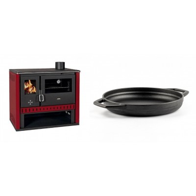 Set Küchenofen / Küchenhexe Prity GT Rot, Leistung 15 kW + Emaillierte gusseisenpfanne mit zwei Griffen Solagio, Black Onyx, Ф22cm - Kaminofen - Holzofen mit Backfach