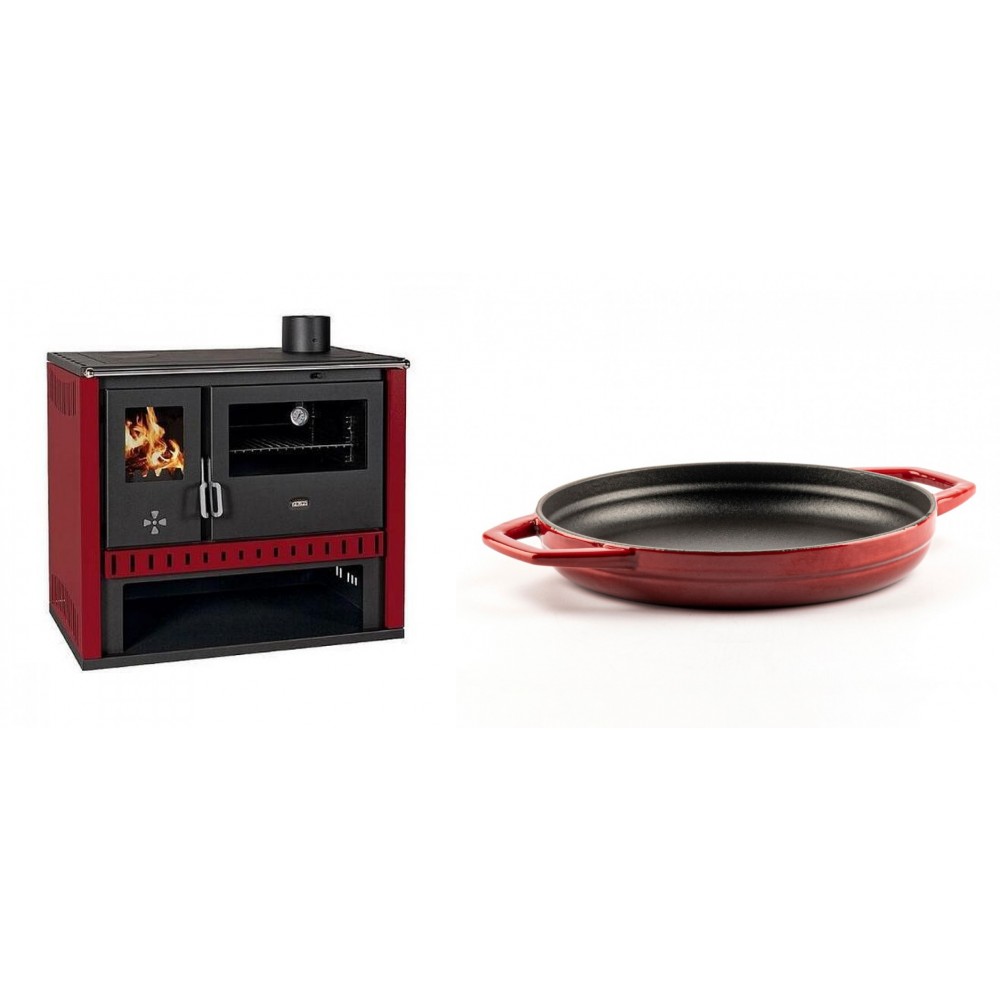 Set Küchenofen / Küchenhexe Prity GT Rot, Leistung 15 kW + Emaillierte gusseisenpfanne mit zwei Griffen Solagio, Rubin, Ф22cm | Kaminofen - Holzofen mit Backfach | Kaminofen |