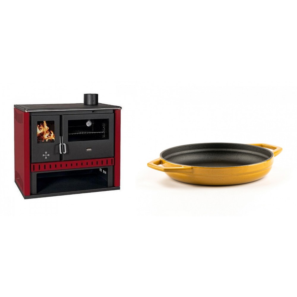 Set Küchenofen / Küchenhexe Prity GT Rot, Leistung 15 kW + Emaillierte gusseisenpfanne mit zwei Griffen Solagio, Dijon, Ф19cm | Kaminofen - Holzofen mit Backfach | Kaminofen |