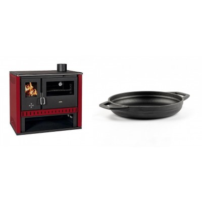 Set Küchenofen / Küchenhexe Prity GT Rot, Leistung 15 kW + Emaillierte gusseisenpfanne mit zwei Griffen Solagio, Black Onyx, Ф19cm - Kaminofen - Holzofen mit Backfach