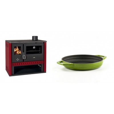 Set Küchenofen / Küchenhexe Prity GT Rot, Leistung 15 kW + Emaillierte gusseisenpfanne mit zwei Griffen Solagio, Bamboo, Ф19cm - Kaminofen - Holzofen mit Backfach
