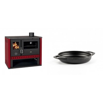Set Küchenofen / Küchenhexe Prity GT Rot, Leistung 15 kW + Emaillierte gusseisenpfanne mit zwei Griffen Solagio, Black Onyx, Ф16cm - Kaminofen - Holzofen mit Backfach