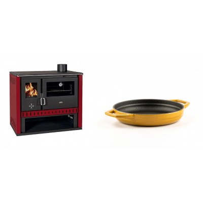 Set Küchenofen / Küchenhexe Prity GT Rot, Leistung 15 kW + Emaillierte gusseisenpfanne mit zwei Griffen Solagio, Dijon, Ф16cm - Kaminofen - Holzofen mit Backfach