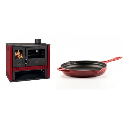 Set Küchenofen / Küchenhexe Prity GT Rot, Leistung 15 kW + Emaillierte Gusseisenpfanne Solagio, Rubin, Ф28cm - Kaminofen - Holzofen mit Backfach