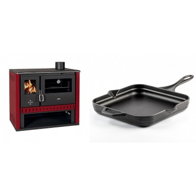 Set Küchenofen / Küchenhexe Prity GT Rot, Leistung 15 kW + Emaillierte Gusseisenpfanne Solagio, Black Onyx, 28x28cm - Kaminofen - Holzofen mit Backfach