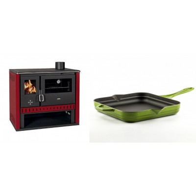Set Küchenofen / Küchenhexe Prity GT Rot, Leistung 15 kW + Emaillierte Gusseisenpfanne Solagio, Bamboo, 28x28cm - Kaminofen - Holzofen mit Backfach