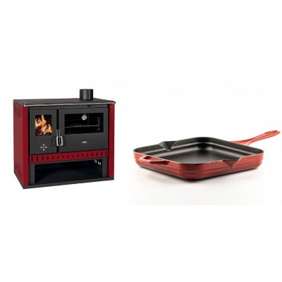 Set Küchenofen / Küchenhexe Prity GT Rot, Leistung 15 kW + Emaillierte Gusseisenpfanne Solagio, Rubin, 28x28cm - Kaminofen - Holzofen mit Backfach