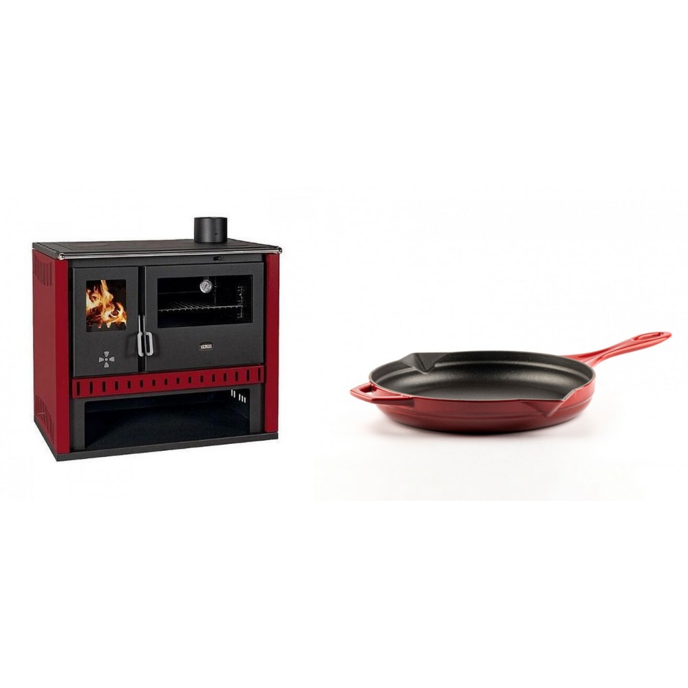 Set Küchenofen / Küchenhexe Prity GT Rot, Leistung 15 kW + Emaillierte Gusseisenpfanne Solagio, Rubin, Ф24cm | Kaminofen - Holzofen mit Backfach | Kaminofen |
