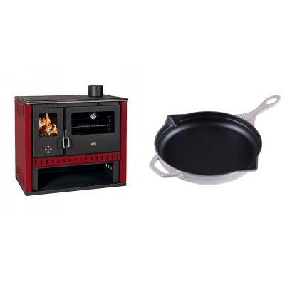 Set Küchenofen / Küchenhexe Prity GT Rot, Leistung 15 kW + Emaillierte Gusseisenpfanne Solagio, Ivory, Ф28cm - Kaminofen - Holzofen mit Backfach