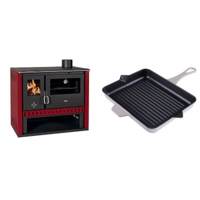 Set Küchenofen / Küchenhexe Prity GT Rot, Leistung 15 kW + Emaillierte grillpfanne Gusseisen Solagio, Ivory, 26x32cm - Kaminofen - Holzofen mit Backfach