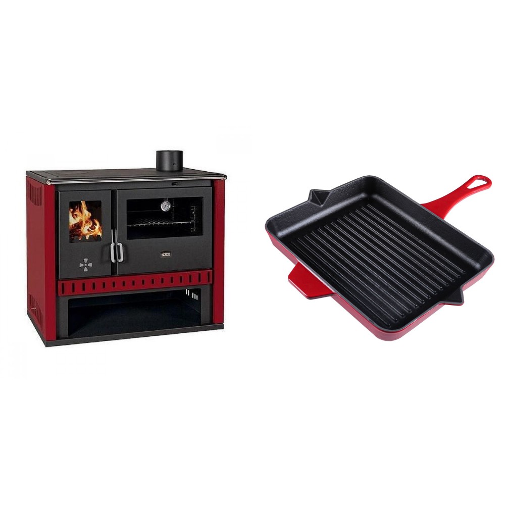 Set Küchenofen / Küchenhexe Prity GT Rot, Leistung 15 kW + Emaillierte grillpfanne Gusseisen Solagio, Rubin, 26x32cm | Kaminofen - Holzofen mit Backfach | Kaminofen |