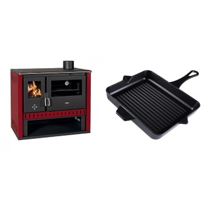 Set Küchenofen / Küchenhexe Prity GT Rot, Leistung 15 kW + Emaillierte grillpfanne Gusseisen Solagio, Black Onyx, 26x32cm - Kaminofen - Holzofen mit Backfach