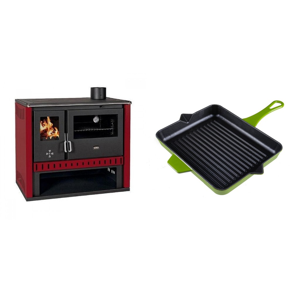 Set Küchenofen / Küchenhexe Prity GT Rot, Leistung 15 kW + Emaillierte grillpfanne Gusseisen Solagio, Bamboo, 26x32cm | Kaminofen - Holzofen mit Backfach | Kaminofen |