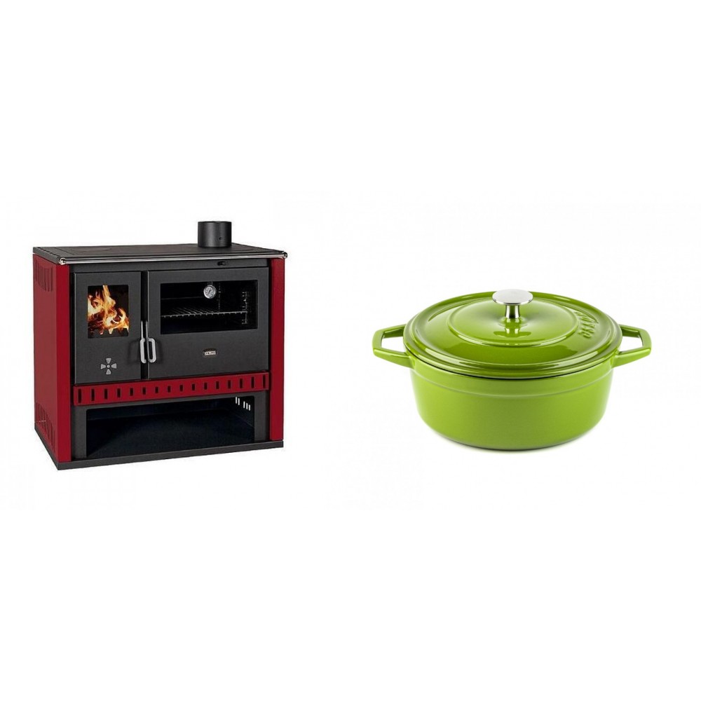 Set Küchenofen / Küchenhexe Prity GT Rot, Leistung 15 kW + Gusseisen Topf Tiefer Solagio, Bamboo, Ф20 | Kaminofen - Holzofen mit Backfach | Kaminofen |