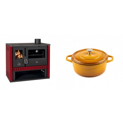 Set Küchenofen / Küchenhexe Prity GT Rot, Leistung 15 kW + Gusseisen Topf Tiefer Solagio, Dijon, Ф20 - Kaminofen - Holzofen mit Backfach
