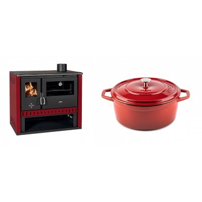 Set Küchenofen / Küchenhexe Prity GT Rot, Leistung 15 kW + Gusseisen Topf Tiefer Solagio, Rubin, Ф24 - Kaminofen - Holzofen mit Backfach