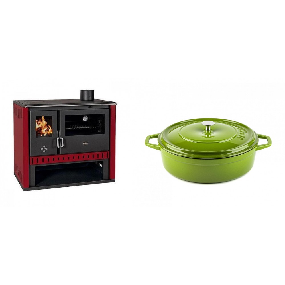 Set Küchenofen / Küchenhexe Prity GT Rot, Leistung 15 kW + Gusseisen Topf Flach Solagio, Bamboo, Ф26 | Kaminofen - Holzofen mit Backfach | Kaminofen |