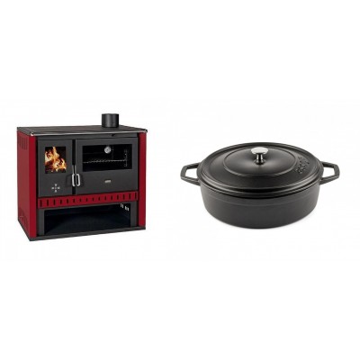 Set Küchenofen / Küchenhexe Prity GT Rot, Leistung 15 kW + Gusseisen Topf Flach Solagio, Black Onyx, Ф26 - Kaminofen - Holzofen mit Backfach