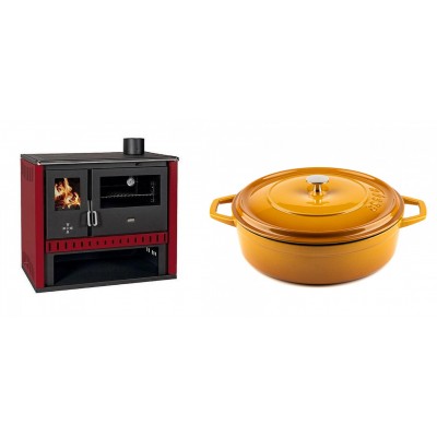 Set Küchenofen / Küchenhexe Prity GT Rot, Leistung 15 kW + Gusseisen Topf Flach Solagio, Dijon, Ф28 - Kaminofen - Holzofen mit Backfach