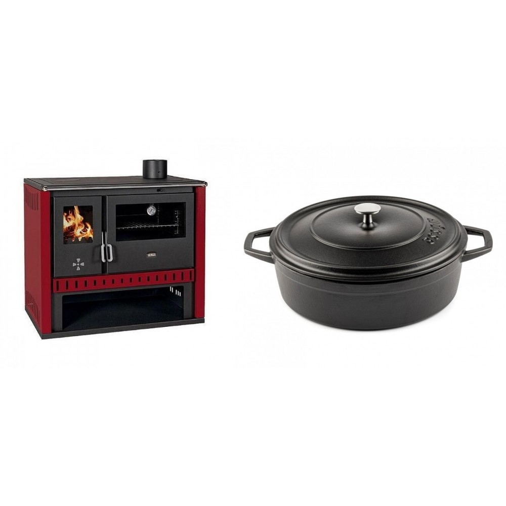 Set Küchenofen / Küchenhexe Prity GT Rot, Leistung 15 kW + Gusseisen Topf Flach Solagio, Black Onyx, Ф28 | Kaminofen - Holzofen mit Backfach | Kaminofen |