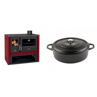 Set Küchenofen / Küchenhexe Prity GT Rot, Leistung 15 kW + Gusseisen Topf Flach Solagio, Black Onyx, Ф28 - Kaminofen - Holzofen mit Backfach