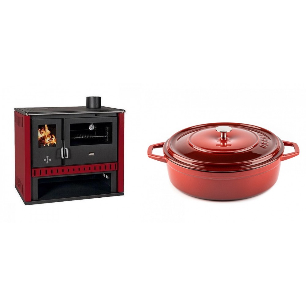 Set Küchenofen / Küchenhexe Prity GT Rot, Leistung 15 kW + Gusseisen Topf Flach Solagio, Rubin, Ф28 | Kaminofen - Holzofen mit Backfach | Kaminofen |