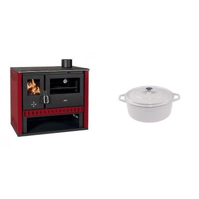 Set Küchenofen / Küchenhexe Prity GT Rot, Leistung 15 kW + Gusseisen Topf Tiefer Solagio, Ivory, Ф12 - Kaminofen - Holzofen mit Backfach