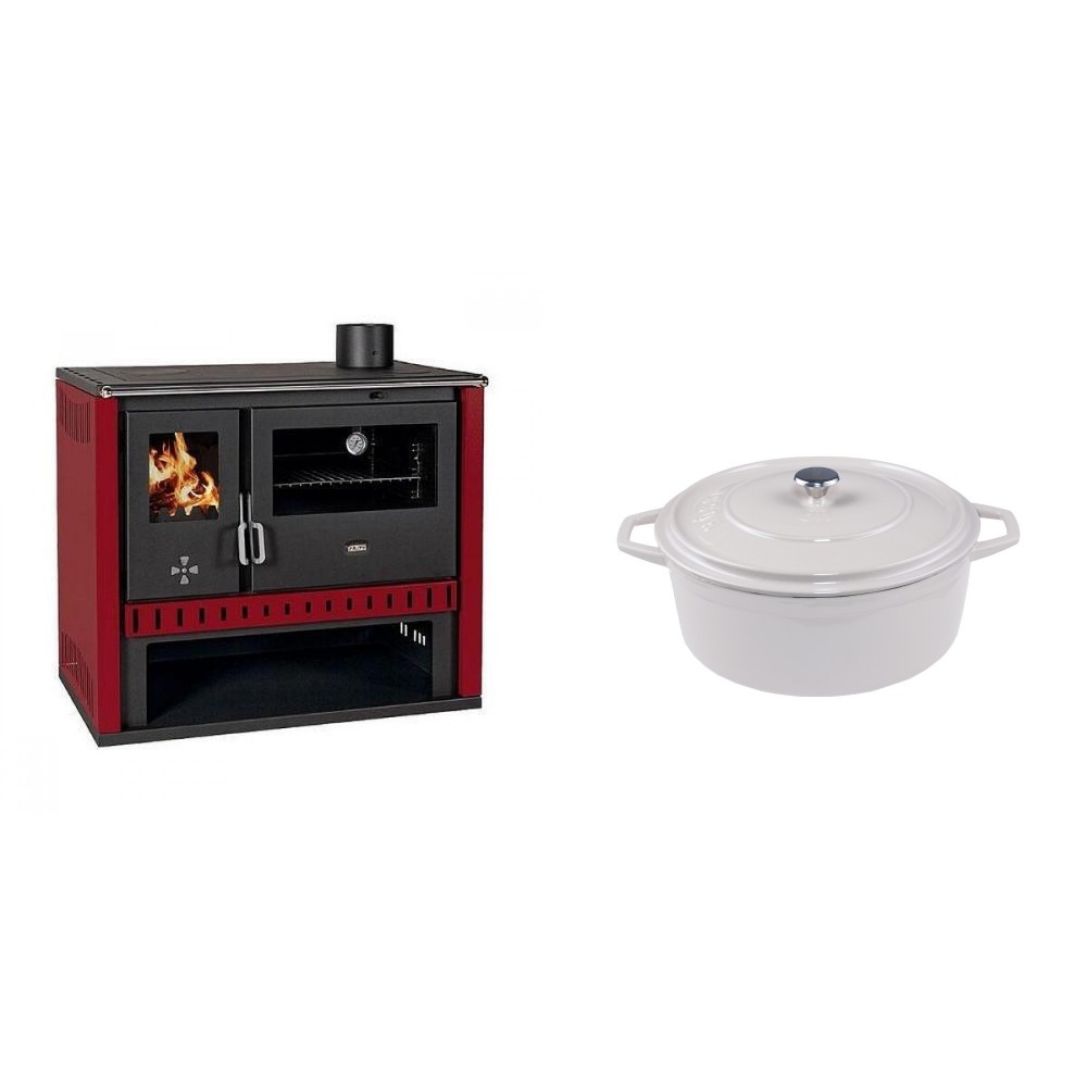 Set Küchenofen / Küchenhexe Prity GT Rot, Leistung 15 kW + Gusseisen Topf Tiefer Solagio, Ivory, Ф20 | Kaminofen - Holzofen mit Backfach | Kaminofen |