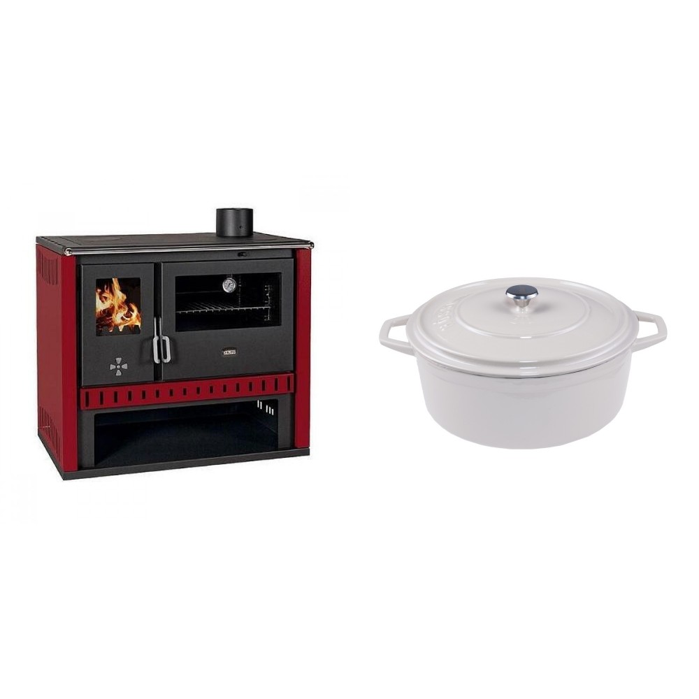 Set Küchenofen / Küchenhexe Prity GT Rot, Leistung 15 kW + Gusseisen Topf Tiefer Solagio, Ivory, Ф24 | Kaminofen - Holzofen mit Backfach | Kaminofen |