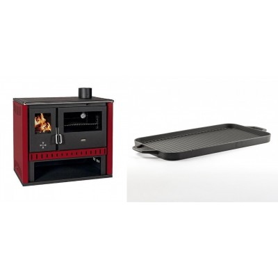 Set Küchenofen / Küchenhexe Prity GT Rot, Leistung 15 kW + Große Grillplatte aus Gusseisen Solagio, 25x44cm - Kaminofen - Holzofen mit Backfach