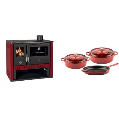 Set Küchenofen / Küchenhexe Prity GT Rot, Leistung 15 kW + Gusseisen Topf Set aus 3 teilen Solagio, Rubin - Kaminofen - Holzofen mit Backfach